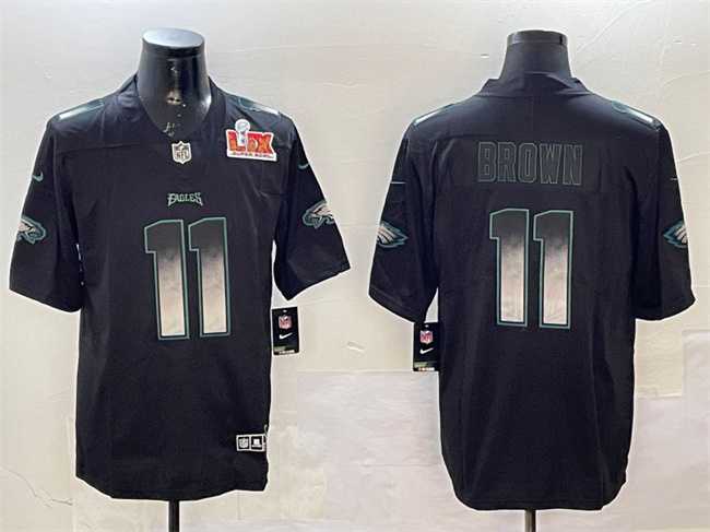 Men%27s Philadelphia Eagles #11 A. J. Brown Black 2025 Super Bowl LIX Patch Smoke Fashion Vapor Untouchable Limited Stitched Jersey